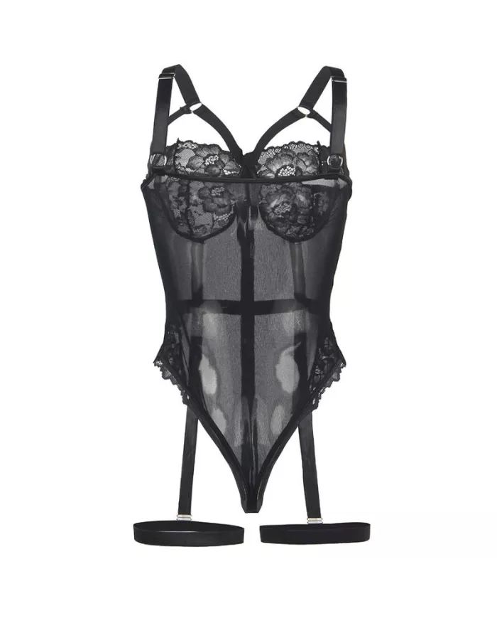 SUBBLIME - TEDDY AVEC JARRETIÈRE DÉTAIL POITRINE NOIR S/M