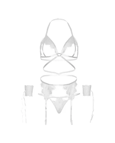 LEG AVENUE - ENSEMBLE QUATRE PIÈCES SOUTIEN-GORGE, STRING, PORTE-JARRETELLES ET POIGNETS TAILLE UNIQUE - BLANC