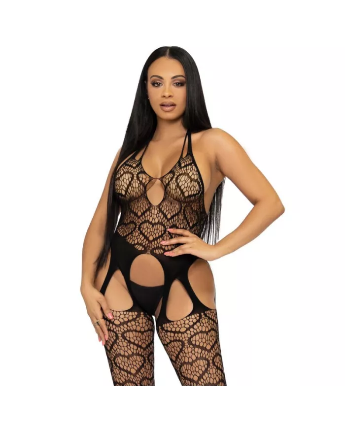 LEG AVENUE - BODYSTOCKING DE RED CON TIRANTES TALLA ÚNICA - NÉGRO