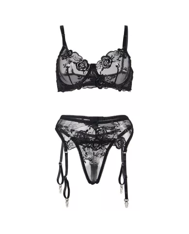 SUBBLIME - ENSEMBLE 3 PIÈCES SOUTIEN-GORGE + STRING + JARRETIÈRE IMPRIMÉ FLORAL NOIR S/M
