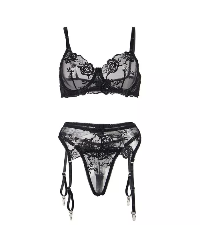 SUBBLIME - ENSEMBLE 3 PIÈCES SOUTIEN-GORGE + STRING + JARRETIÈRE IMPRIMÉ FLORAL NOIR S/M SUBBLIME - ENSEMBLE 3 PIÈCES SOUTIEN-GORGE + STRING + JARRETIÈRE IMPRIMÉ FLORAL NOIR S/M