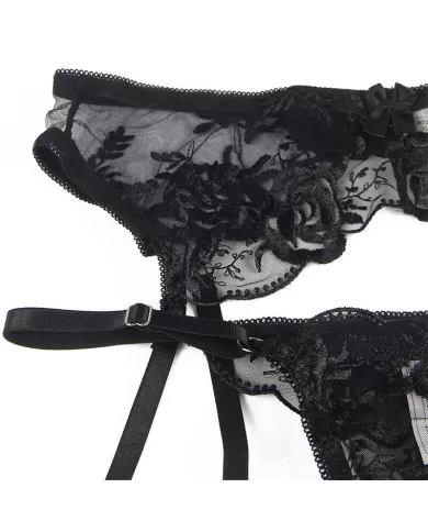 SUBBLIME - ENSEMBLE 3 PIÈCES SOUTIEN-GORGE + STRING + JARRETIÈRE IMPRIMÉ FLORAL NOIR S/M