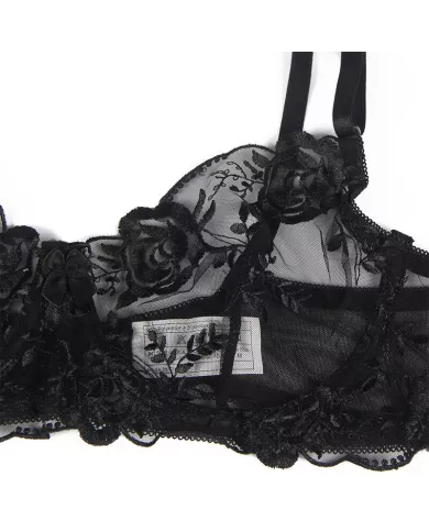 SUBBLIME - ENSEMBLE 3 PIÈCES SOUTIEN-GORGE + STRING + JARRETIÈRE IMPRIMÉ FLORAL NOIR S/M