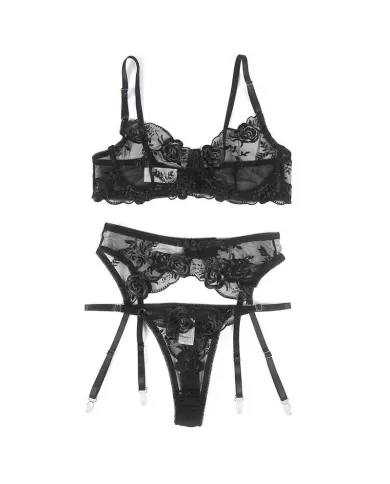 SUBBLIME - LOT 3 PIÈCES SOUTIEN-GORGE + STRING + JARRETIÈRE IMPRIMÉ FLORAL NOIR L/XL