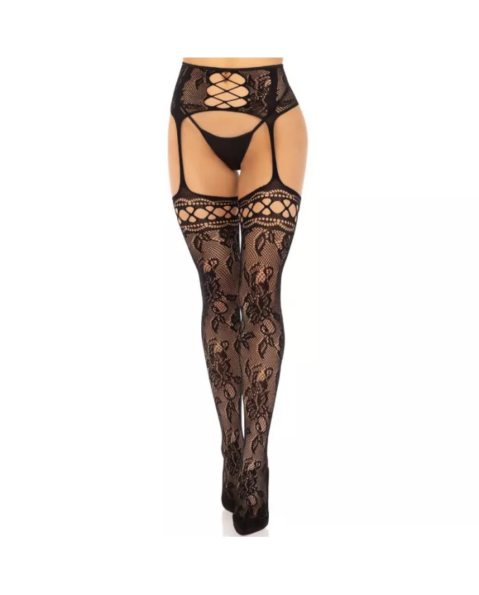 LEG AVENUE - BAS JARRETIÈRE DENTELLE FLORALE NOIR