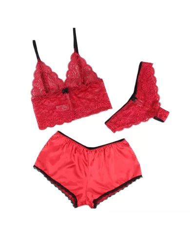 SUBBLIME - 953904 CHEMISIER DE NUIT EN SOIE ET DENTELLE + CULOTTE ROUGE L/XL