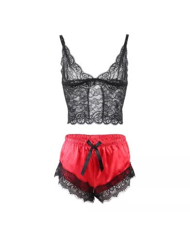 SUBBLIME - 953959 CHEMISE DE NUIT DÉCONTRACTÉE EN SOIE + PANTALON EN DENTELLE NOIR/ROUGE S/M
