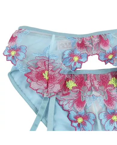 SUBBLIME - 954116 SOUTIEN-GORGE + CULOTTE AVEC PORTE-JARRETELLES MOTIF FLORAL BLEU L/XL