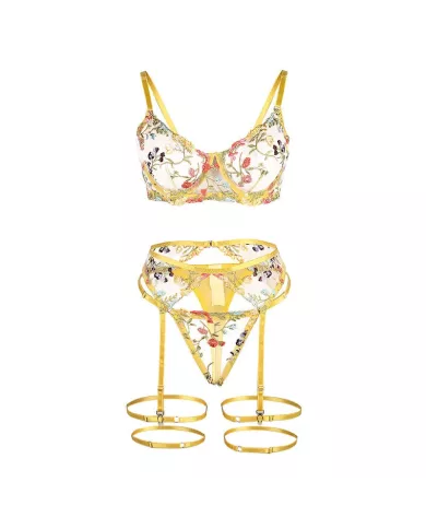 SUBBLIME - 954352 SOUTIEN-GORGE + STRING + PORTE-JARRETELLES MOTIF FLORAL JAUNE L/XL