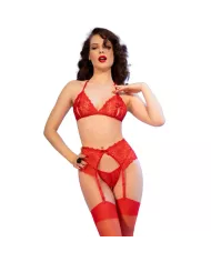 CHILIROSE - CR 4848 ENSEMBLE SOUTIEN-GORGE + STRING + BAS EN DENTELLE ROUGE S