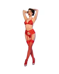 CHILIROSE - CR 4848 ENSEMBLE SOUTIEN-GORGE + STRING + BAS EN DENTELLE ROUGE S