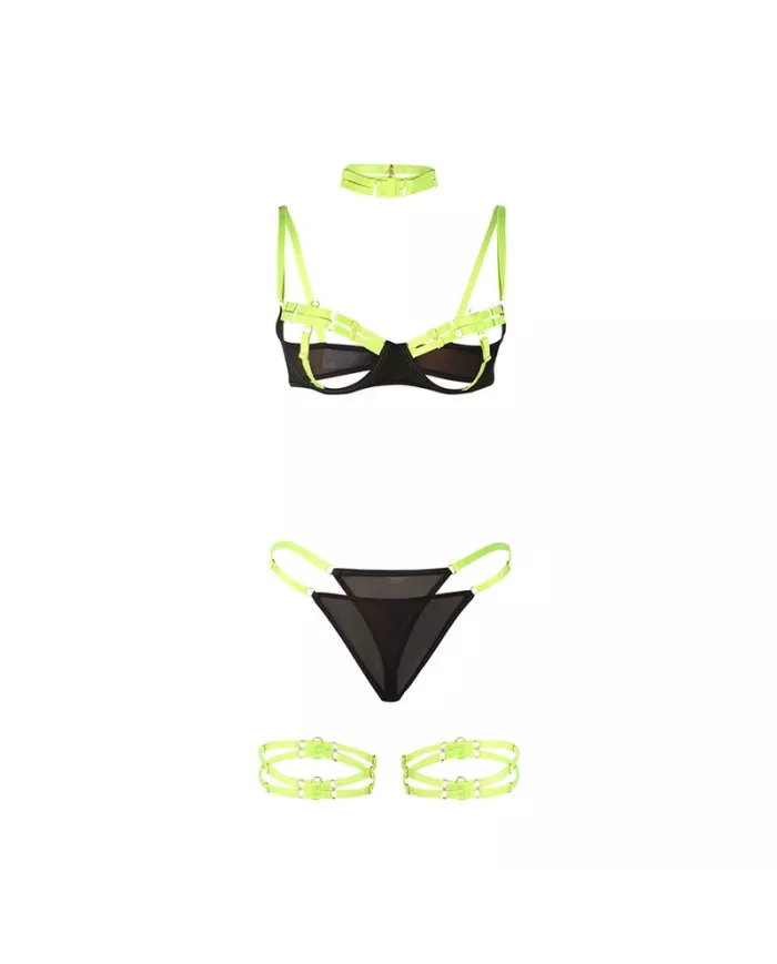 SUBBLIME - 955281 ENSEMBLE SOUTIEN-GORGE AVEC COLLIER ET DÉTAILS DE JAMBES VERT FLUORESCENT L/XL