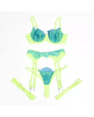SUBBLIME - 955311 ENSEMBLE SOUTIEN-GORGE AVEC LIGNES DENTELLE ET JARRETELLE VERT ET BLEU S/M