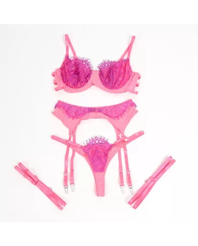 SUBBLIME - 955359 ENSEMBLE SOUTIEN-GORGE AVEC DENTELLE ET LIENS JARRETELLES ROSE ET VIOLET S/M