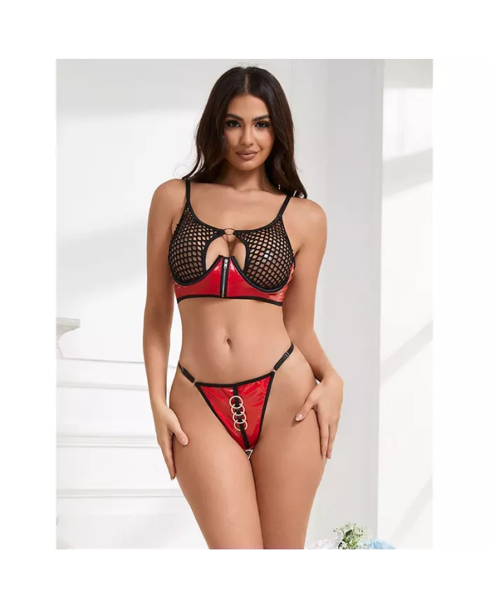 SUBBLIME - 955540 ENSEMBLE SOUTIEN-GORGE À FERMETURE ÉCLAIR EN CUIR VERNI ROUGE L/XL