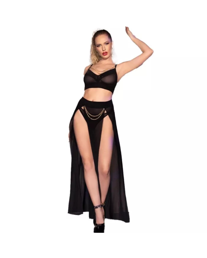 CHILIROSE - CR 4672 JUPE ET STRING NOIRS AVEC CHAÎNES DORÉS M
