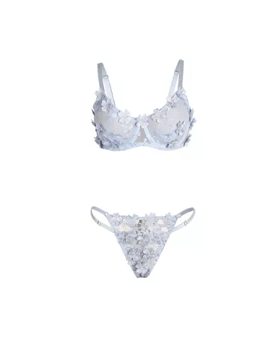 SUBBLIME - 957629 ENSEMBLE SOUTIEN-GORGE ET CULOTTE BRODÉS DE FLEURS BLEU CIEL S/M