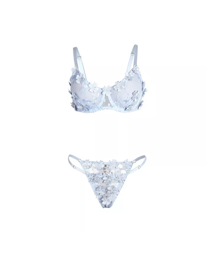 SUBBLIME - 957636 ENSEMBLE SOUTIEN-GORGE ET CULOTTE BRODÉS DE FLEURS BLEU CIEL L/XL