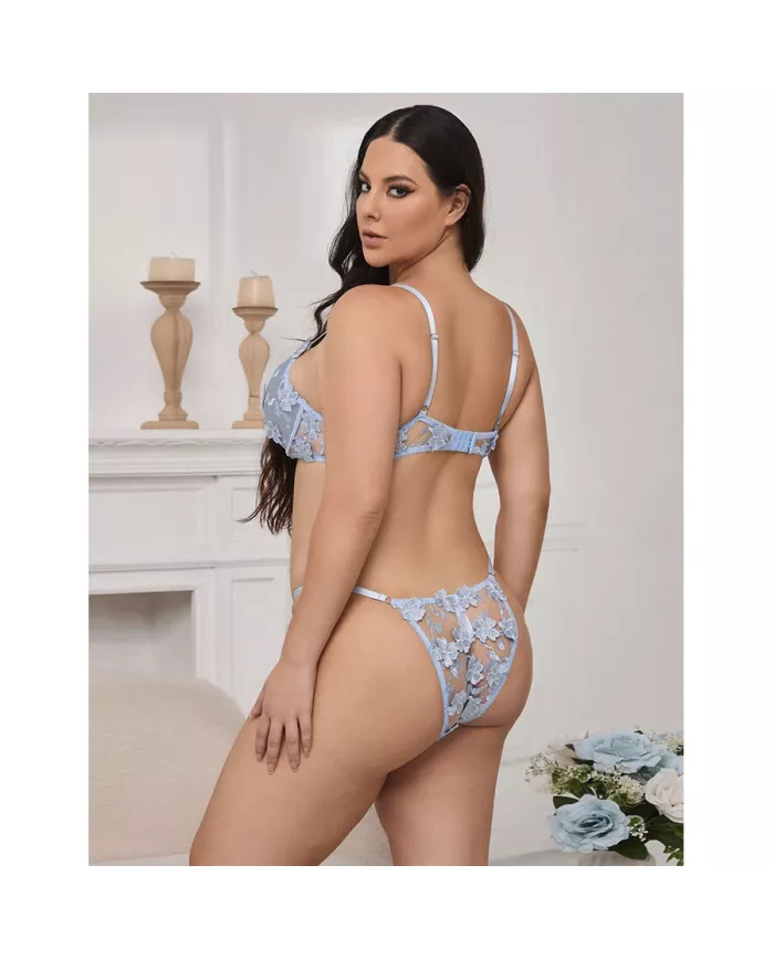 SUBBLIME - 957636 ENSEMBLE SOUTIEN-GORGE ET CULOTTE BRODÉS DE FLEURS BLEU CIEL L/XL