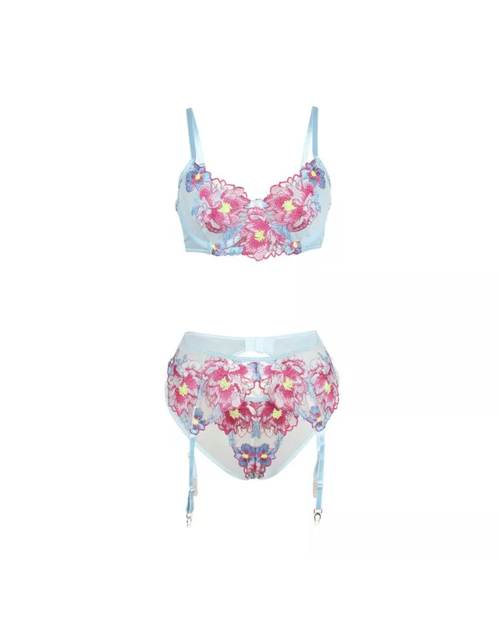 SUBBLIME - 957650 ENSEMBLE SOUTIEN-GORGE ET PORTE-JARRETELLES BRODÉ FLEURS ROSE L/XL
