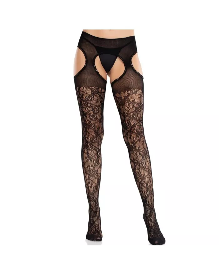 LEG AVENUE - BAS EN DENTELLE FLORALE AVEC JARRETELLES UNITED BLACK