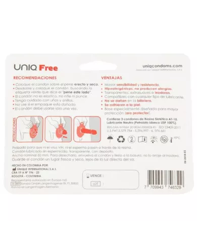 UNIQ - FREE PRÉSERVATIFS SANS LATEX AVEC ANNEAU DE PROTECTION 3 UNITÉS
