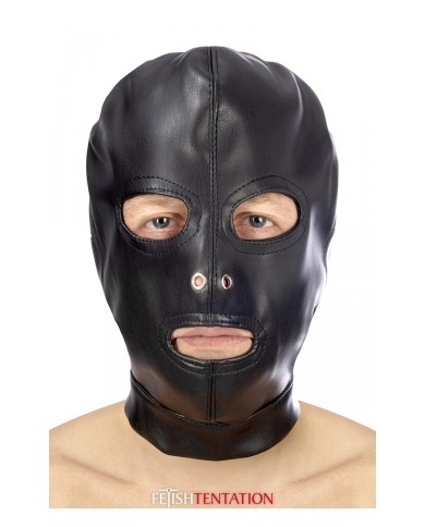 Cagoule BDSM 3 ouvertures en simili cuir - Fetish Tentation