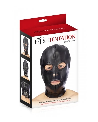 Cagoule BDSM 3 ouvertures en simili cuir - Fetish Tentation