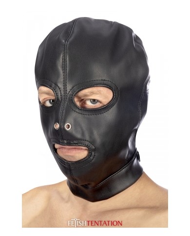 Cagoule BDSM 3 ouvertures en simili cuir - Fetish Tentation