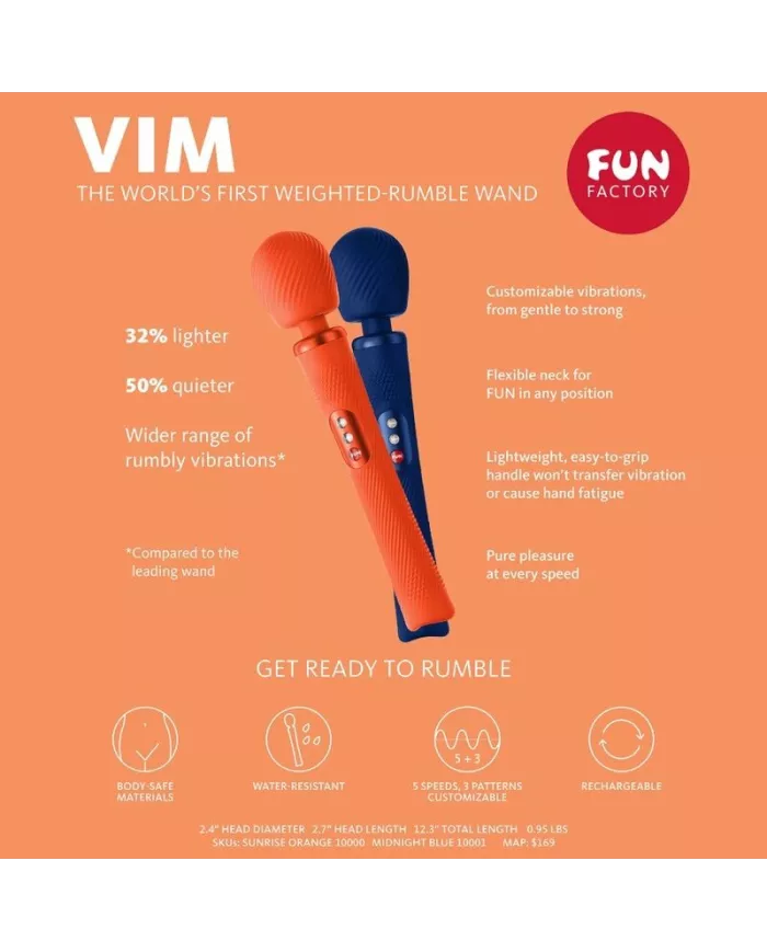 FUN FACTORY - VIM SILICONE RECHARGEABLE VIBRANT LESTÉ RUMBLE WAND SUNRISE ORANGE