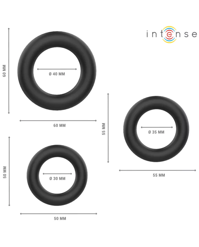 INTENSE - HUGH 3 ANNEAUX PÉNIS BASIQUES EN SILICONE NOIRS