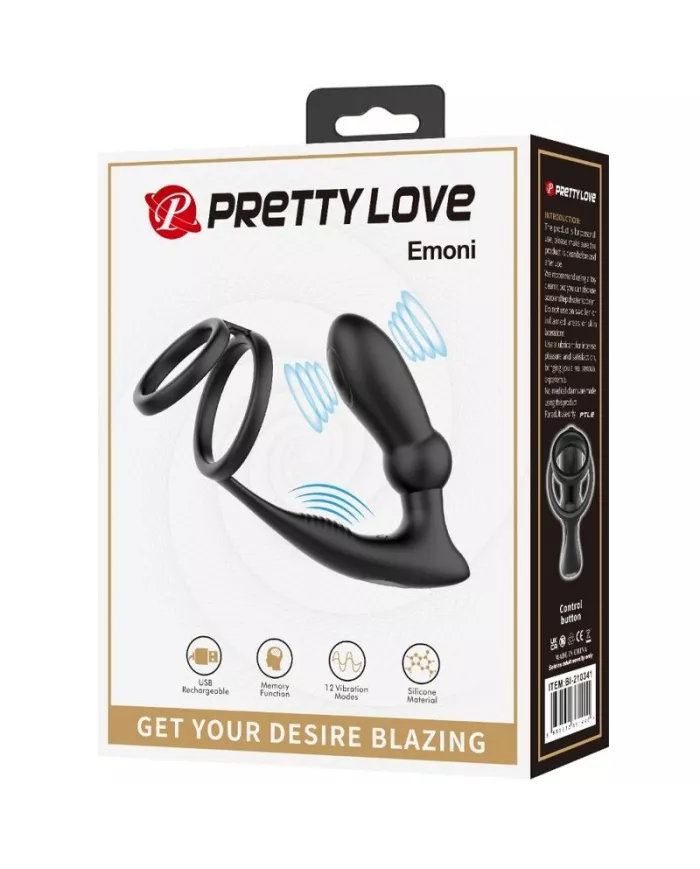 PRETTY LOVE - ANNEAU PÉNIS EMONI + PLUG ANAL 12 VIBRATIONS NOIR