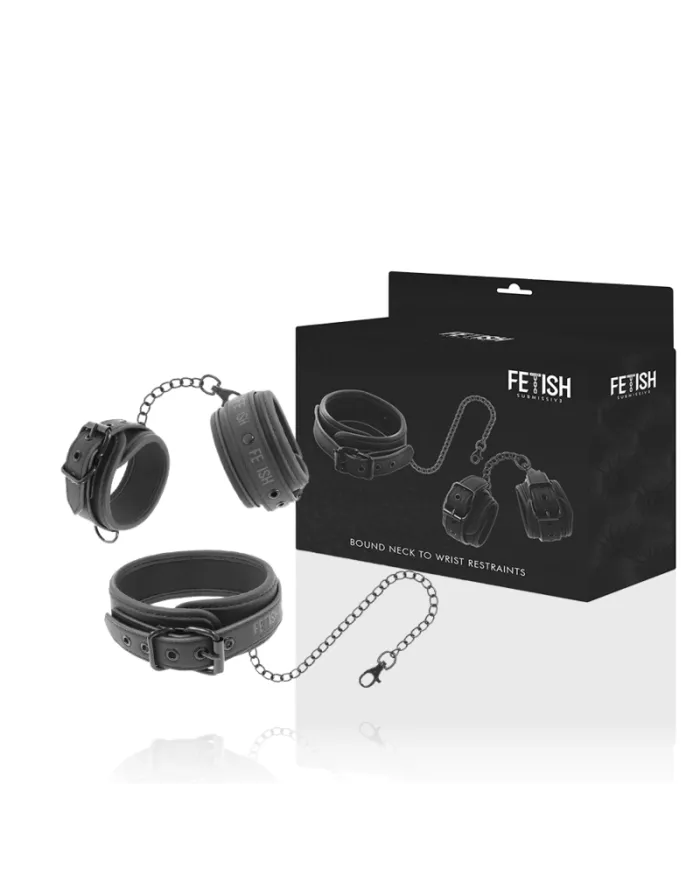 FETISH SUBMISSIVE - COLLIER ET MENOTTES EN CUIR VÉGAN AVEC DOUBLURE EN NOPRÈNE FETISH SUBMISSIVE - COLLIER ET MENOTTES EN CUIR VÉGAN AVEC DOUBLURE EN NOPRÈNE