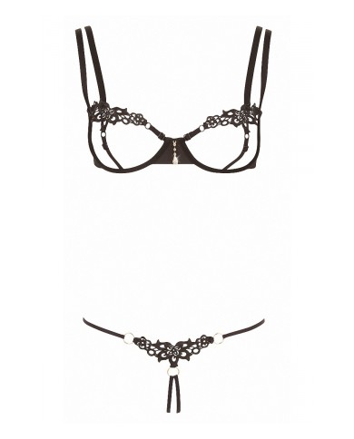 Ensemble dentelle string ouvert et seins nus noir - Cottelli Lingerie