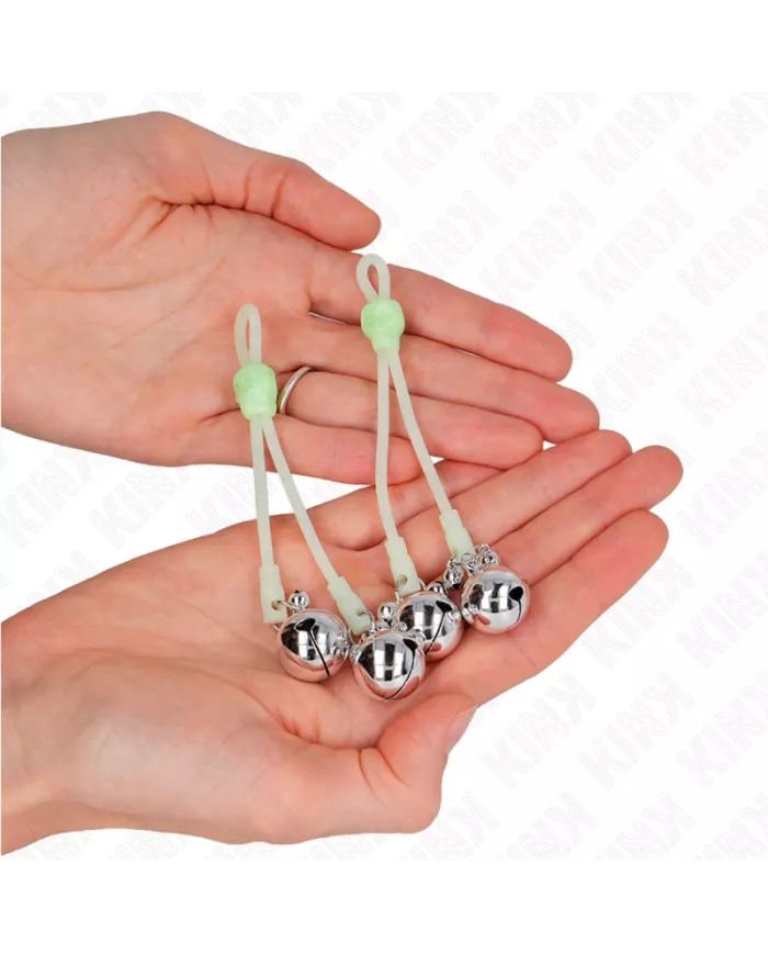 KINK - PINCES À TETON LUMINEUSES CRÂNE AVEC ANNEAU CLOCHES RÉGLABLES VERT / ARGENT