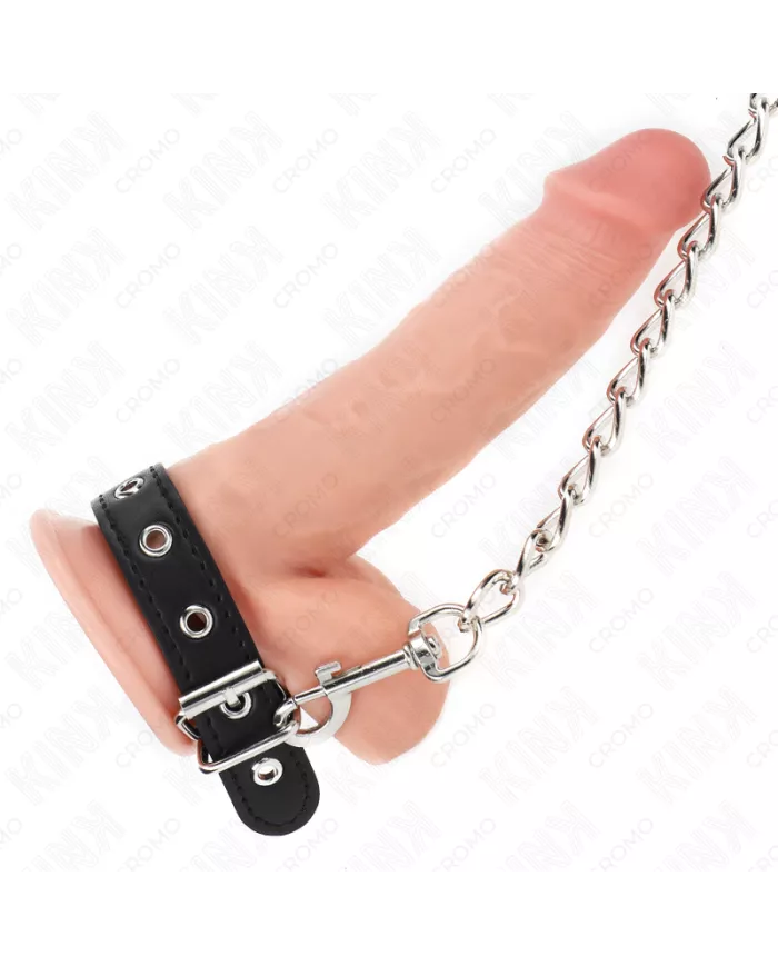 KINK - ANNEAU PÉNIS EN CUIR 21,5 X 2 CM AVEC CHAÎNE EN MÉTAL DE 60 CM ET SANGLE EN CUIR