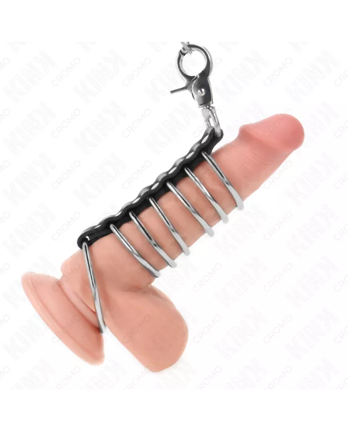 KINK - 7 ANNEAUX PÉNIS EN MÉTAL DE 3,8 CM À 5 CM CONNECTÉS AVEC DU CUIR ET UNE CHAÎNE EN MÉTAL 100 CM