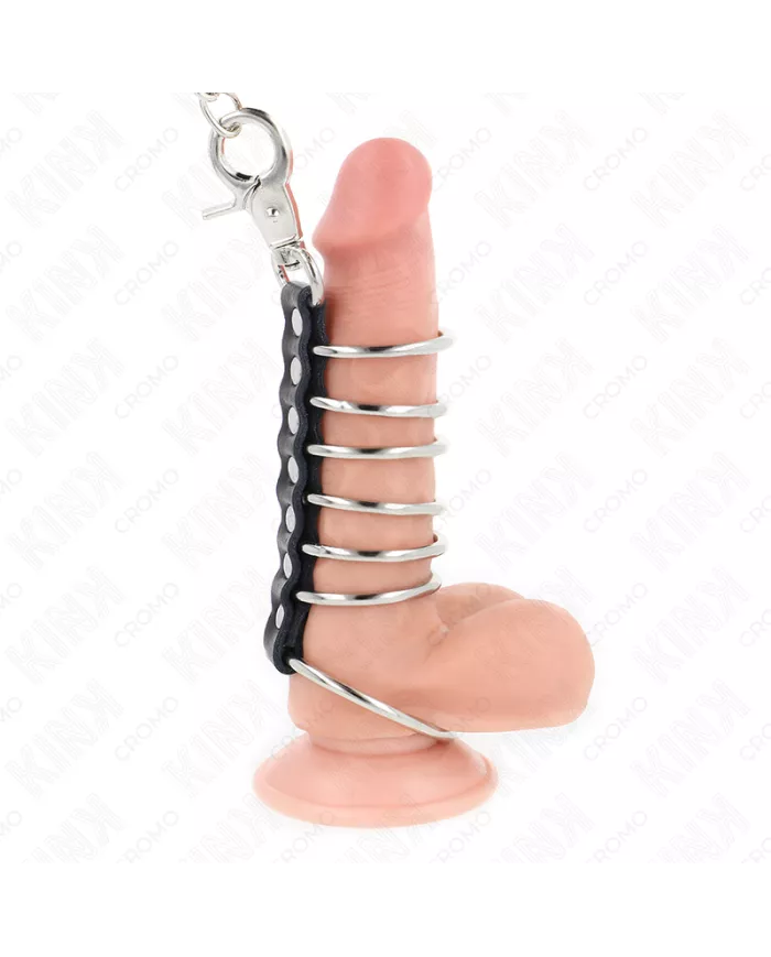 KINK - 7 ANNEAUX PÉNIS EN MÉTAL DE 3,8 CM À 5 CM CONNECTÉS AVEC DU CUIR ET UNE CHAÎNE EN MÉTAL 100 CM