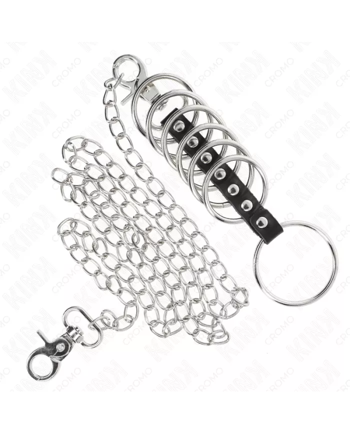KINK - 7 ANNEAUX PÉNIS EN MÉTAL DE 3,8 CM À 5 CM CONNECTÉS AVEC DU CUIR ET UNE CHAÎNE EN MÉTAL 100 CM