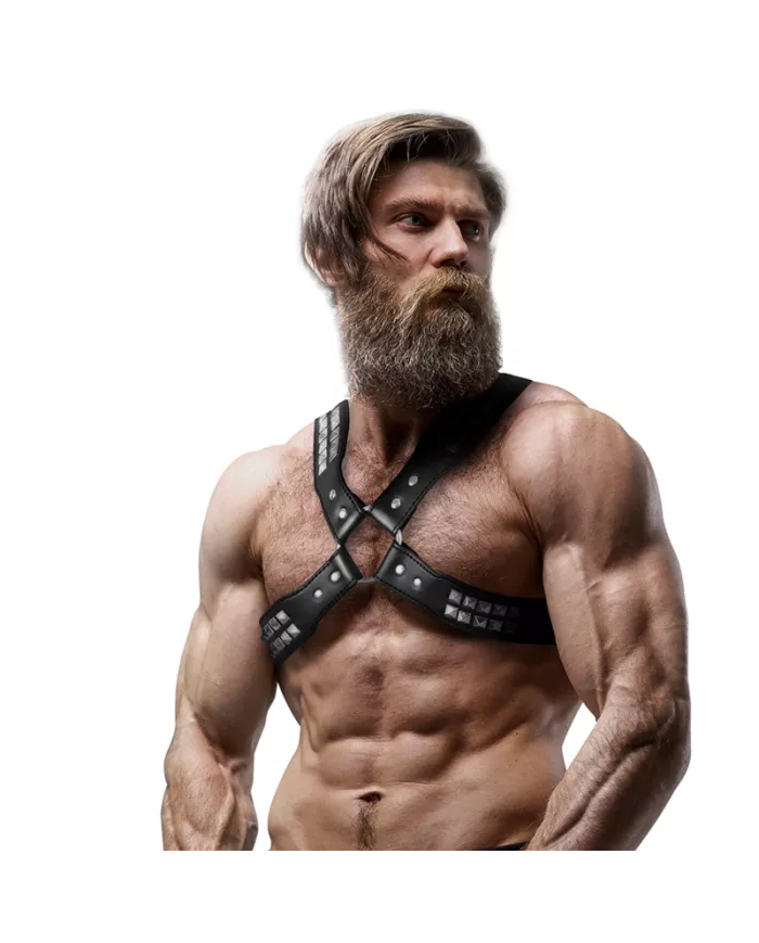 FETISH SUBMISSIVE ATTITUDE - HARNAIS EN CUIR ÉCOLOGIQUE POUR HOMMES  POITRINE CROISÉE AVEC RIVETS