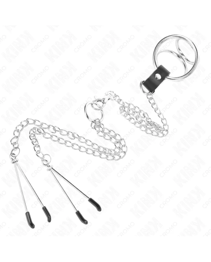 KINK - ANNEAU PÉNIS EN MÉTAL TRIPLE CHROME 3 CM À 4,5 CM AVEC CHAÎNE EN MÉTAL DE 26 CM ET PINCES À TÉTONS