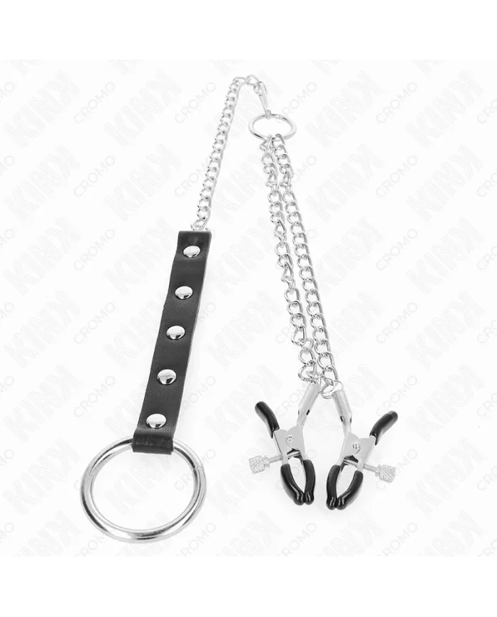 KINK - ANNEAU PÉNIS EN MÉTAL AVEC CHAÎNE ET PINCES À MAMELON RÉGLABLES