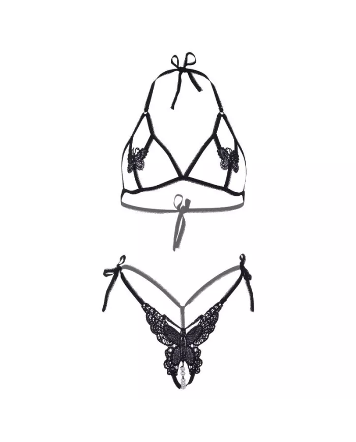LEG AVENUE - ENSEMBLE DEUX PIÈCES SOUTIEN-GORGE ET CULOTTE PAPILLONS & PERLES TAILLE UNIQUE - NOIR