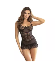 SUBBLIME - BABYDOLL  BRETELLES RÉGLABLES ET DENTELLE TRANSPARENTE IMPRIMÉ FLORAL NOIR S/M SUBBLIME - BABYDOLL  BRETELLES RÉGLABLES ET DENTELLE TRANSPARENTE IMPRIMÉ FLORAL NOIR S/M
