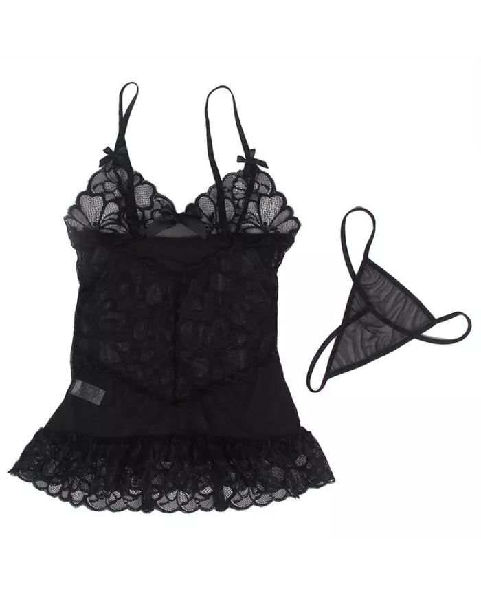 SUBBLIME - BABYDOLL  BRETELLES RÉGLABLES ET DENTELLE TRANSPARENTE IMPRIMÉ FLORAL NOIR S/M SUBBLIME - BABYDOLL  BRETELLES RÉGLABLES ET DENTELLE TRANSPARENTE IMPRIMÉ FLORAL NOIR S/M