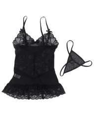 SUBBLIME - BABYDOLL  BRETELLES RÉGLABLES ET DENTELLE TRANSPARENTE IMPRIMÉ FLORAL NOIR S/M SUBBLIME - BABYDOLL  BRETELLES RÉGLABLES ET DENTELLE TRANSPARENTE IMPRIMÉ FLORAL NOIR S/M
