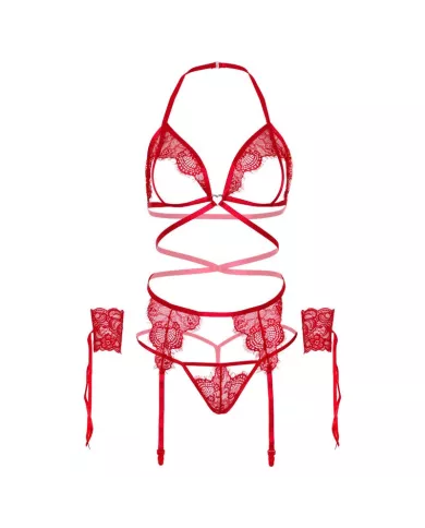 LEG AVENUE - ENSEMBLE QUATRE PIÈCES SOUTIEN-GORGE, STRING, PORTE-JARRETELLES ET POIGNETS TAILLE UNIQUE - ROUGE