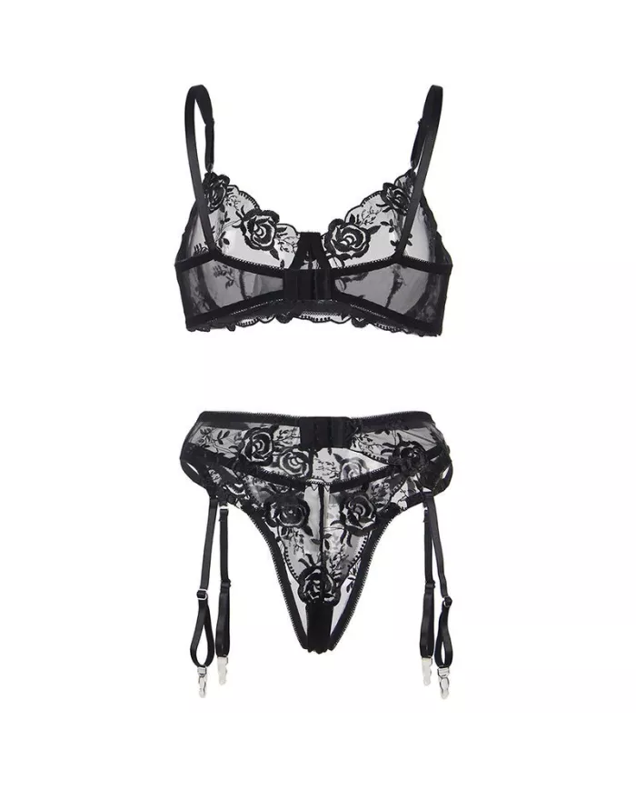 SUBBLIME - ENSEMBLE 3 PIÈCES SOUTIEN-GORGE + STRING + JARRETIÈRE IMPRIMÉ FLORAL NOIR S/M SUBBLIME - ENSEMBLE 3 PIÈCES SOUTIEN-GORGE + STRING + JARRETIÈRE IMPRIMÉ FLORAL NOIR S/M