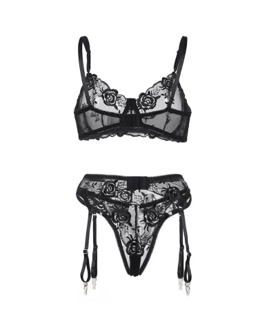 SUBBLIME - LOT 3 PIÈCES SOUTIEN-GORGE + STRING + JARRETIÈRE IMPRIMÉ FLORAL NOIR L/XL