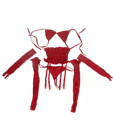 SUBBLIME - 952181 BODYSTOCKING RESILLE AVEC GANTS ET DIAMANTS ROUGE TAILLE UNIQUE SUBBLIME - 952181 BODYSTOCKING RESILLE AVEC GANTS ET DIAMANTS ROUGE TAILLE UNIQUE